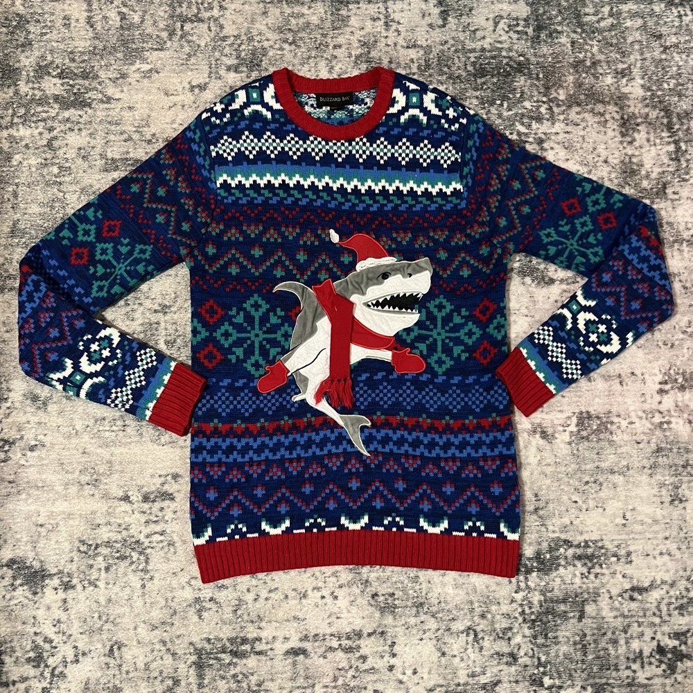 Blizzard Bay Women's S Santa Shark Snowflakes Ugly Holiday Christmas Sweater